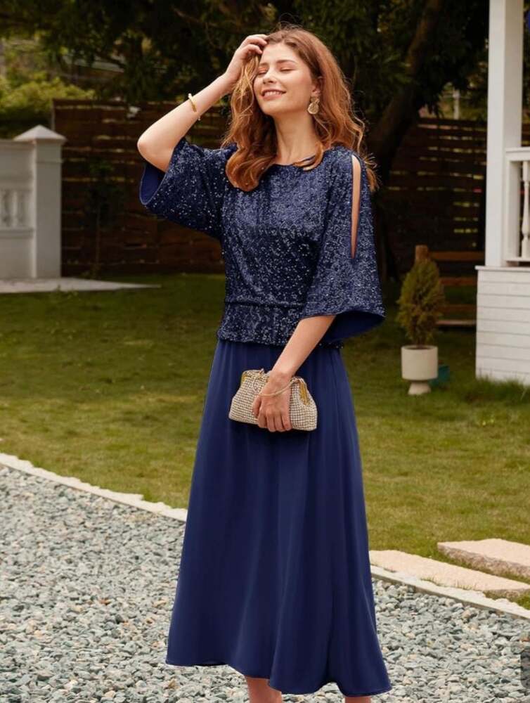 GRACE KARIN Mother of The Bride Sequin Gown, Navy, Size 2XL